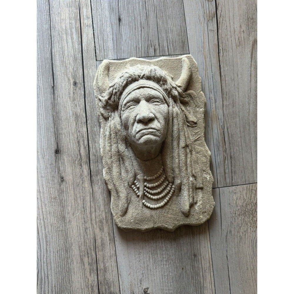 NATIVE AMERICAN INDIAN CHIEF SANDSTONE WALL SCULPTURE - HAND-MADE BY VISTA ARTS